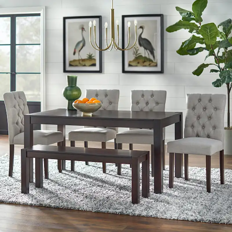 Annie Espresso, Grey Rubberwood and Fabric 6-piece Dining with Dining Bench