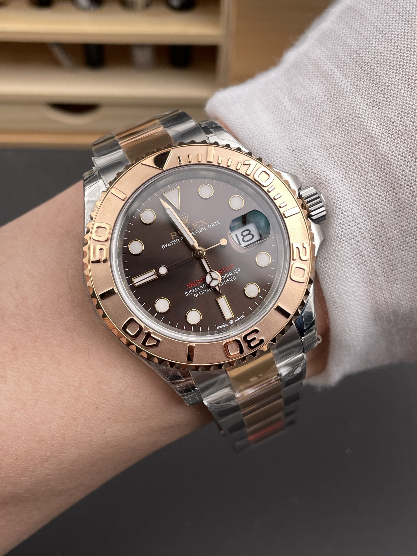 Rolex Yacht-Master two-tone rose gold brown dial replica watch on wrist