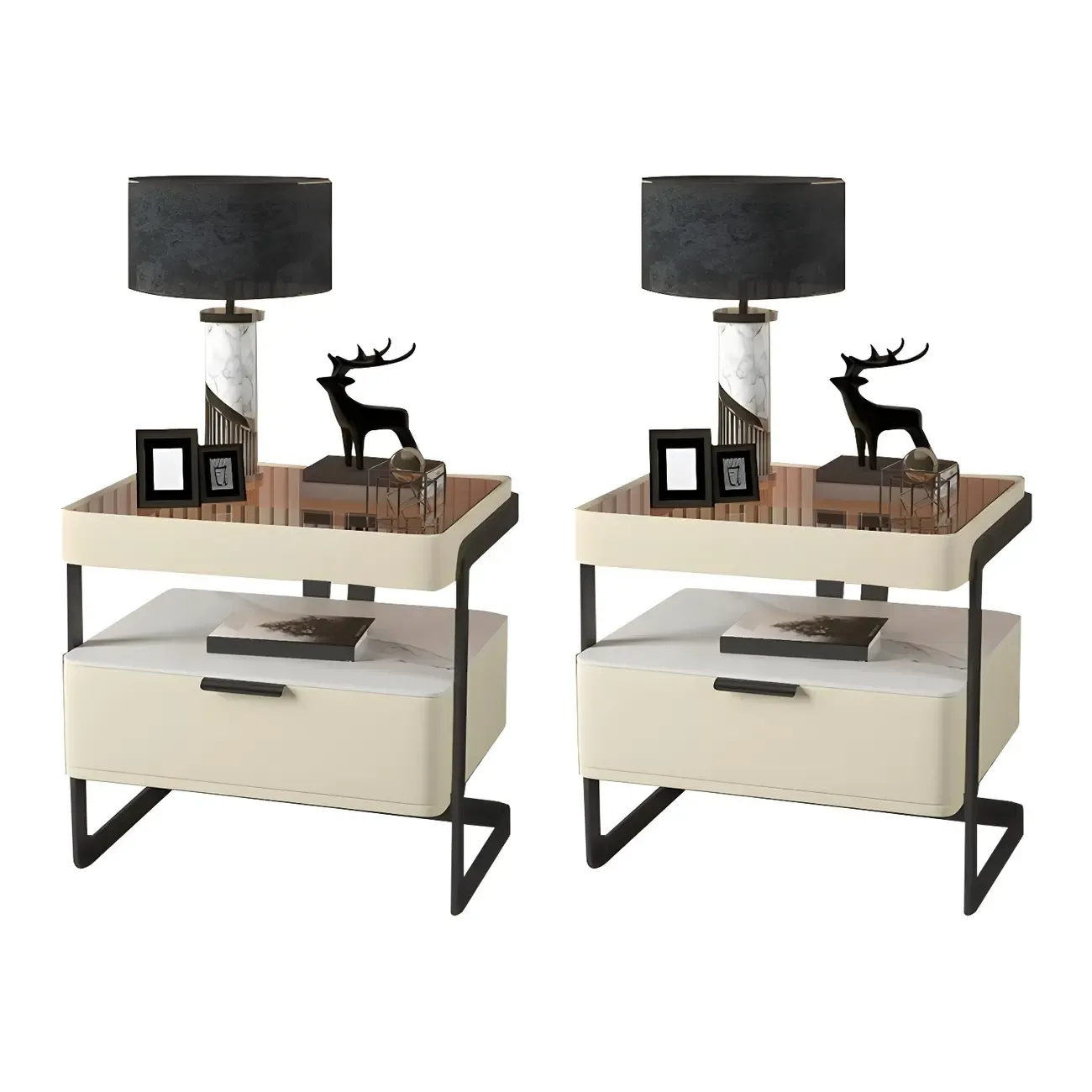 Modern Wood Nightstand with Glass Countertop and Drawer
