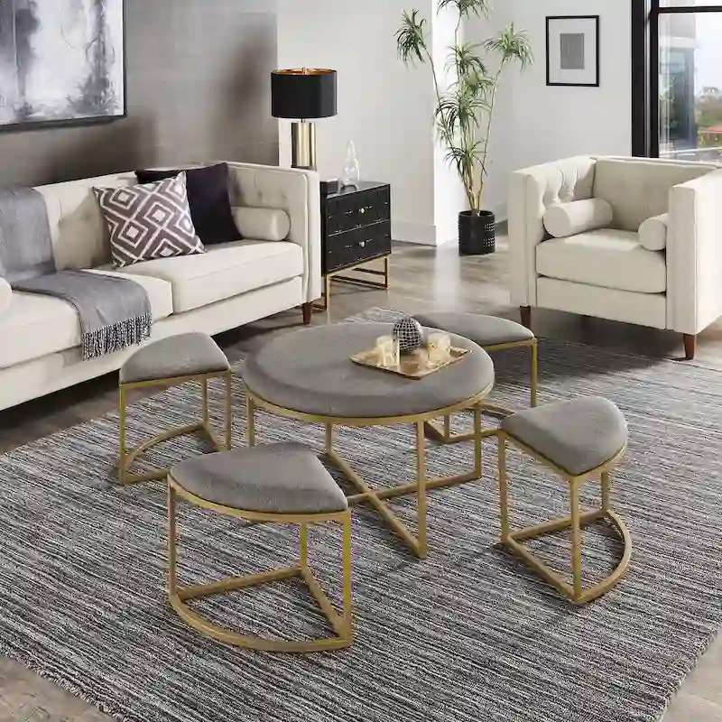 Gold Round Coffee Table with 4 Nesting Stools Set