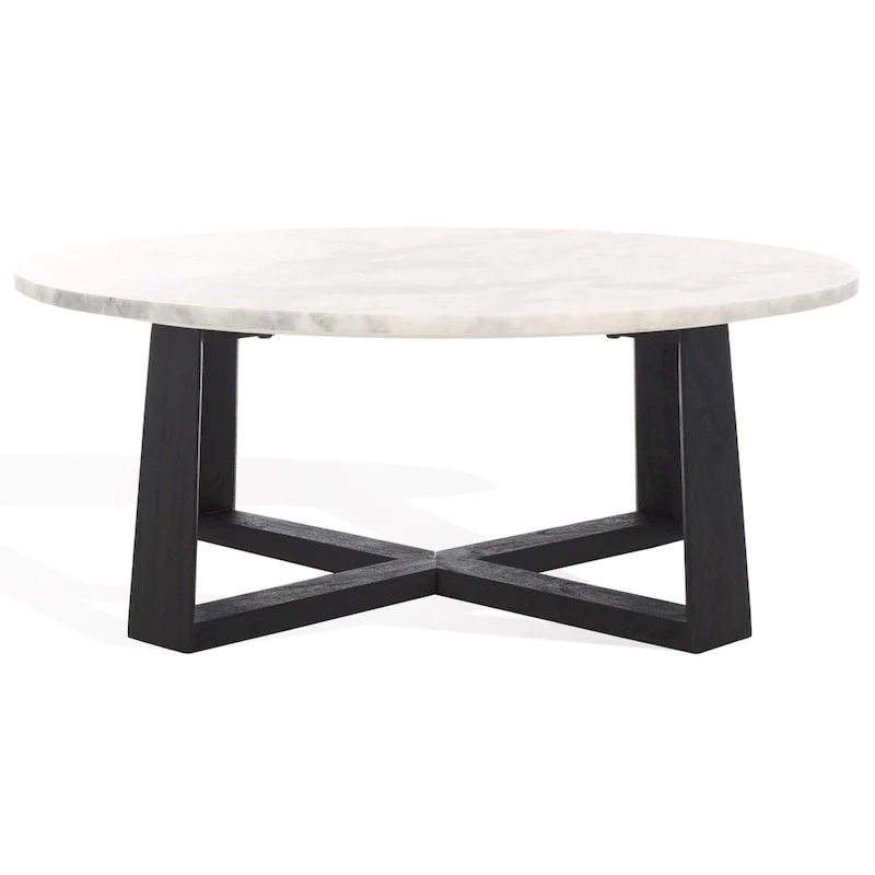 Round Marble Top Coffee Table with Acacia Wood Legs – White/Natural / White/Black