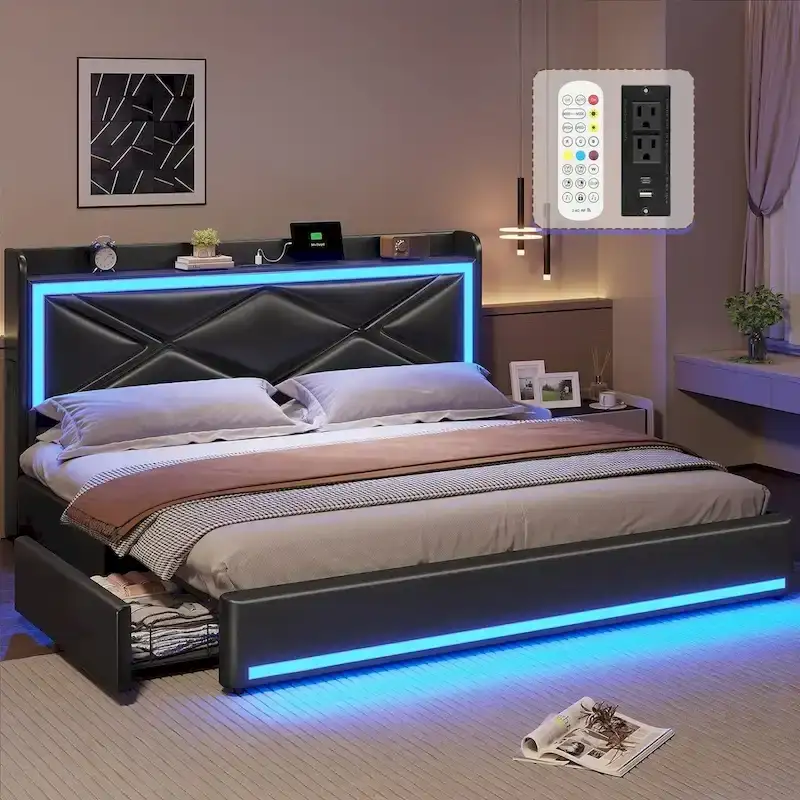 Bed Frame LED Lights Headboard & USB-C/A Charging Station 4 Drawers