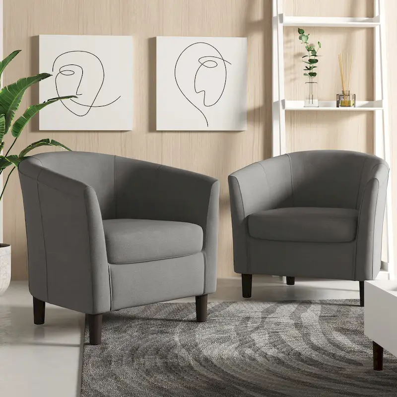 2 Set Modern Linen Barrel Accent Chairs Club Armchair