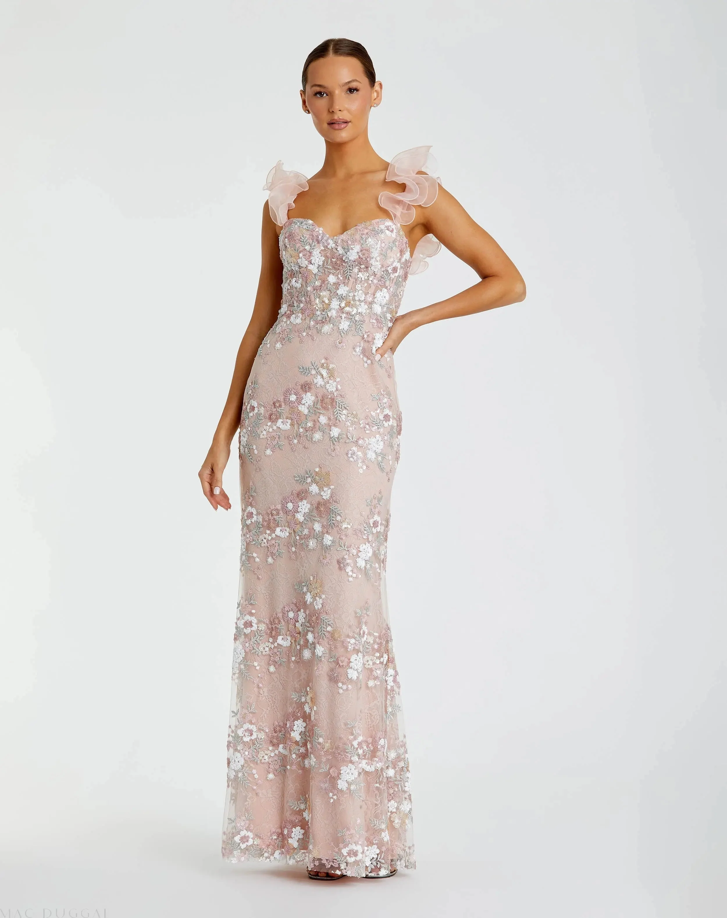 Pink Embroidered Floral Column Gown with Ruffle Straps