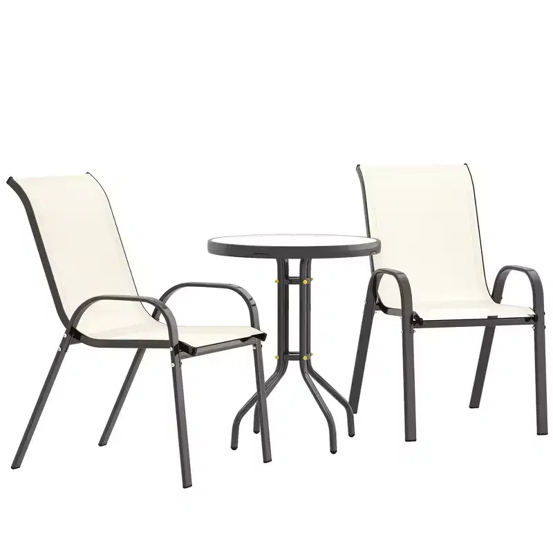 Outsunny 3 Pieces Outdoor Bistro Set, Patio Furniture with Stackable Chairs and Glass Table, High Back Small Patio Set for Balcony, Porch