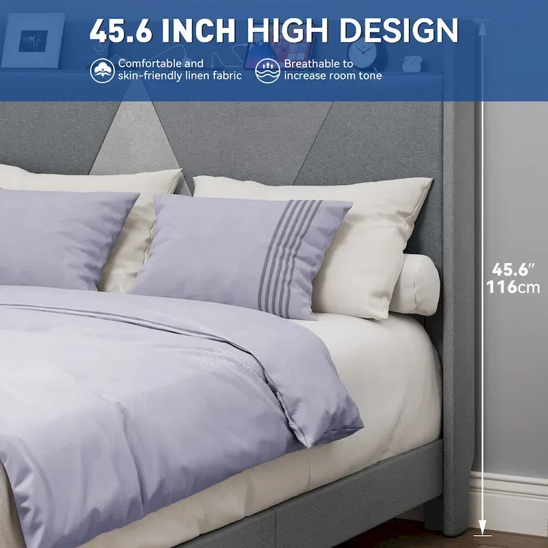 Grey/Beige Linen Storage Bed Frame with Geometry Headboard, Queen/King, 2-Person