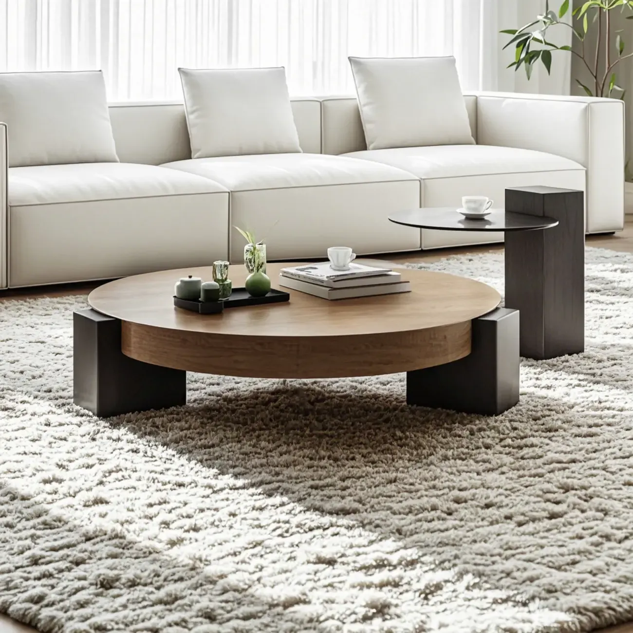 Modern Round Wooden Glass Top Coffee Table