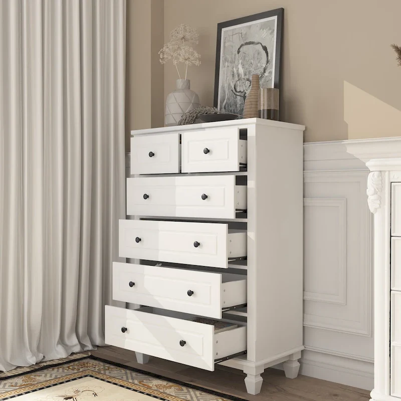 White 6-Drawer Dresser, Modern Style, for 1 Person