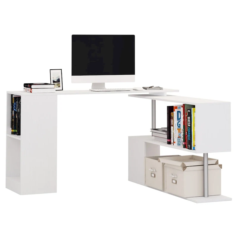 55 Rotating Corner Computer Desk: L-Shaped Workstation, Storage Shelves