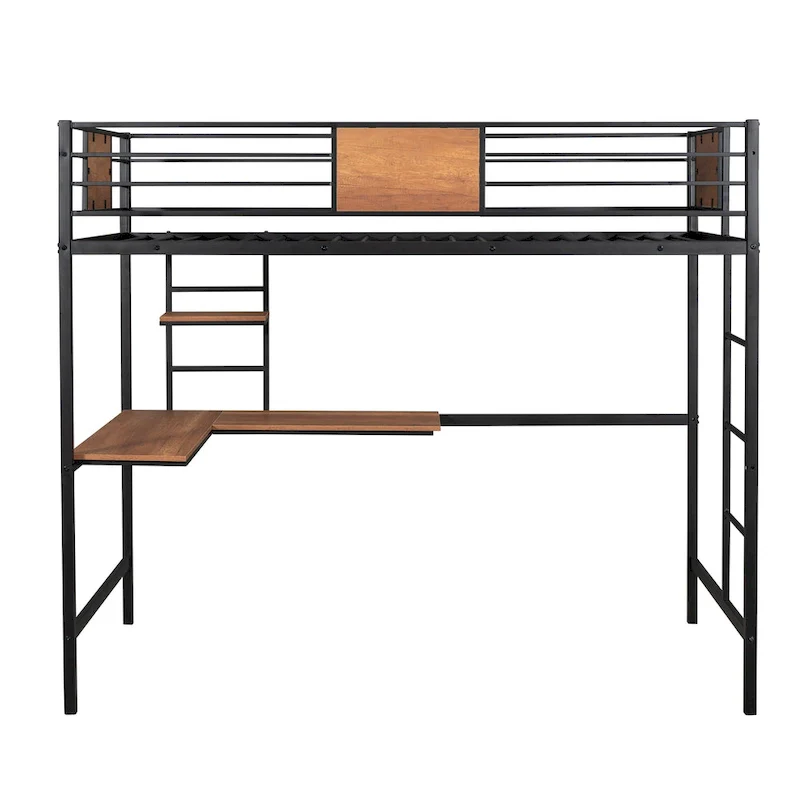 White / Black Twin Metal Loft Bed with Desk & Shelf, for 1