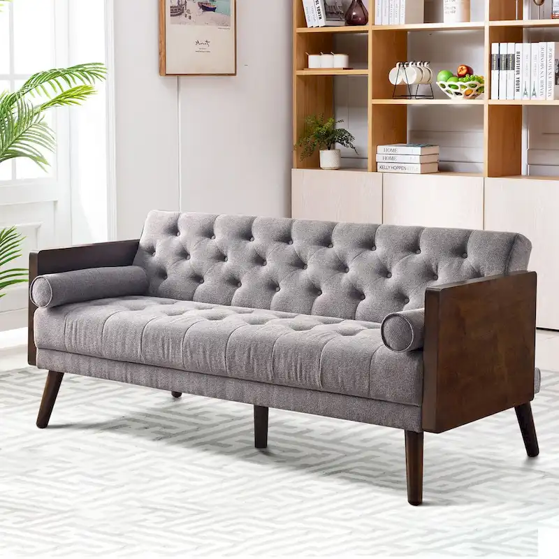 Mid-Century Modern Tufted Fabric Sofa with Wood Legs