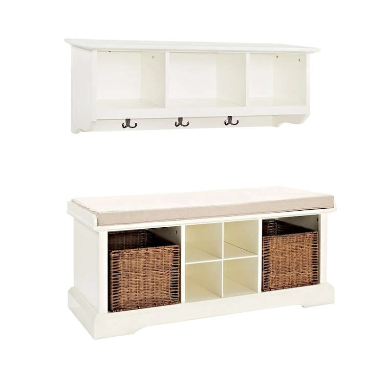 Crosley Brennan White Wood 2-piece Entryway Bench and Shelf Set - 41.5W x 18.25H x 15D