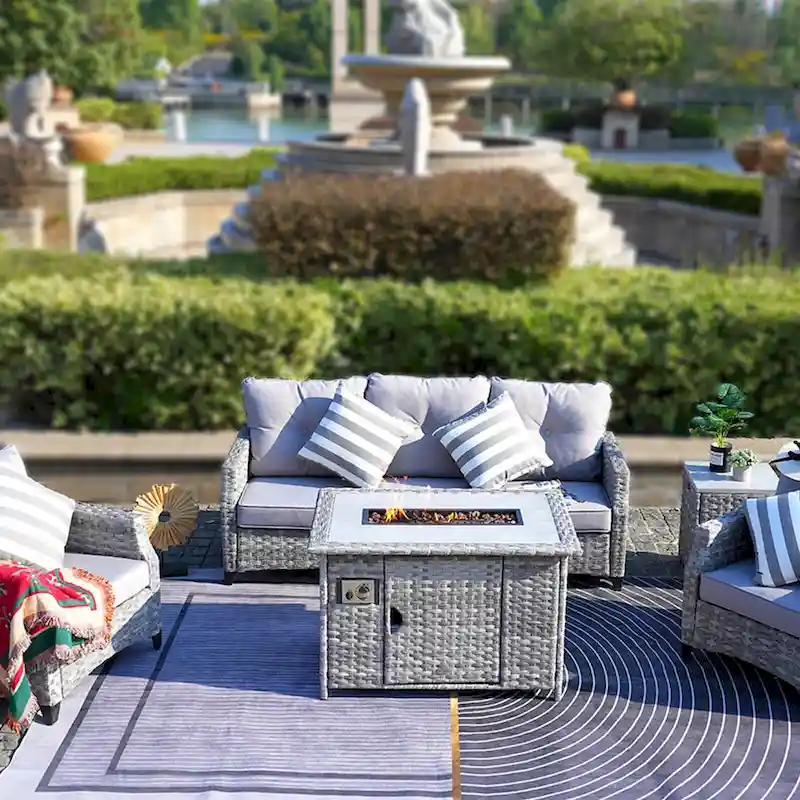 Abrihome 5-piece Wicker Patio Furniture Sofa Set with Gas Fire Pit