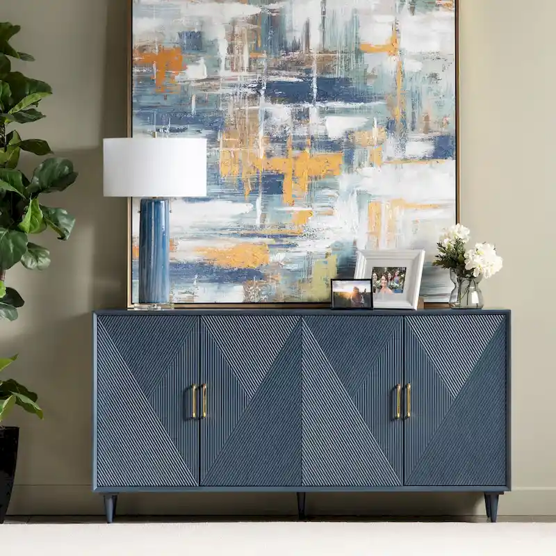 Navy Blue Wooden Sideboard with Gold Hardware - 72 Inch - Four Door
