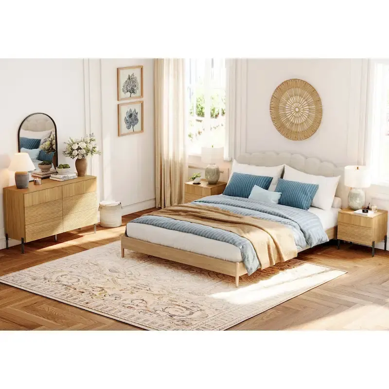 Modern Bedroom Set, 47 Fluted Dresser with 6 Drawers & 2 Nightstands with Charging Station, Oak