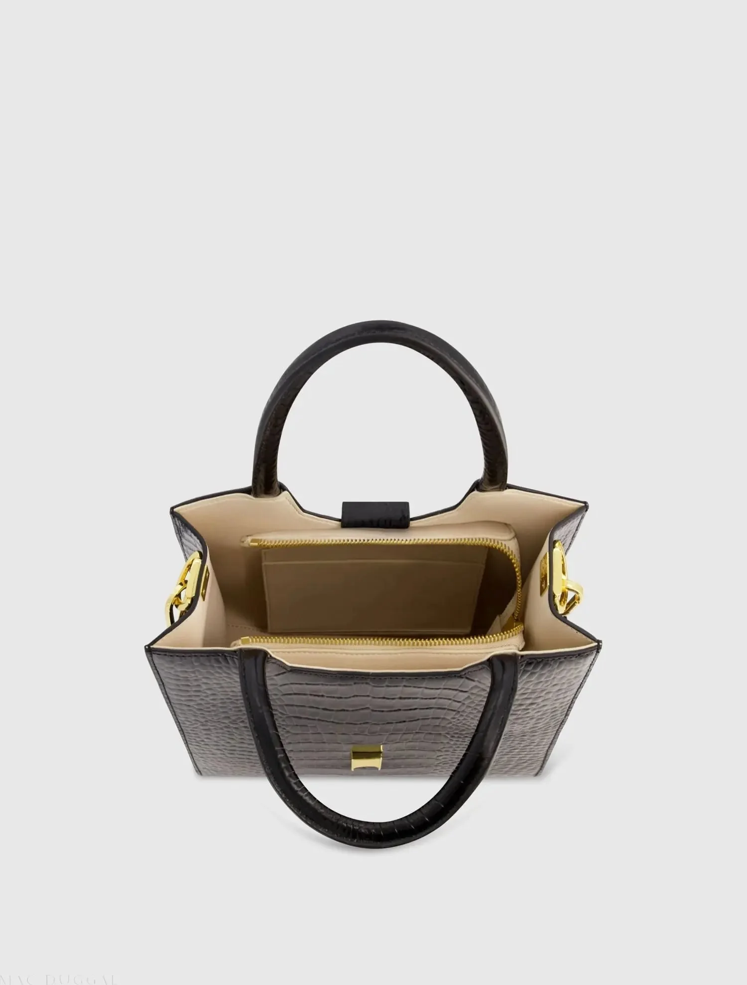 Black Buckled Medium Croco Leather Tote Bag with Detachable Strap