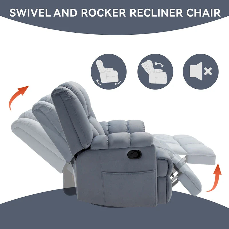 Swivel Rocker Fabric Recliner Chair, Overstuffed Large Manual Recliner Glider with Pillow Top Arms and Cushion Back