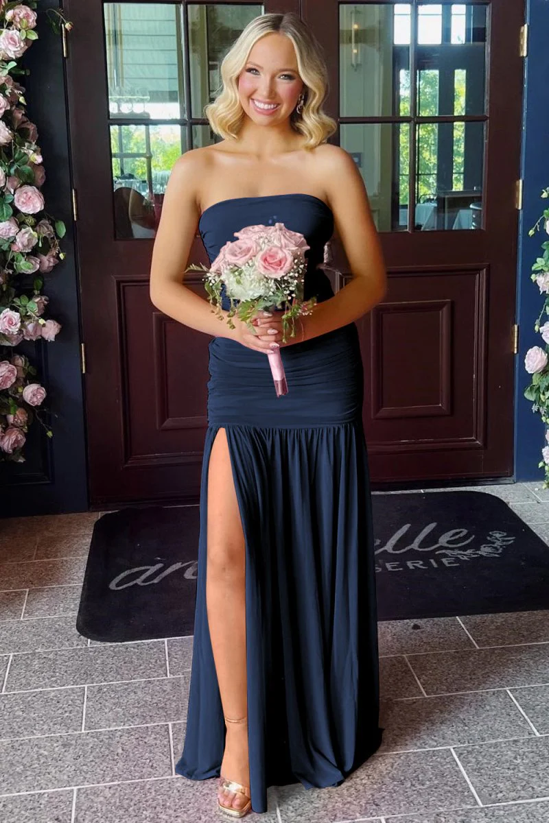 Hot Pink Sheath Strapless Pleated Chiffon Long Prom Dresses