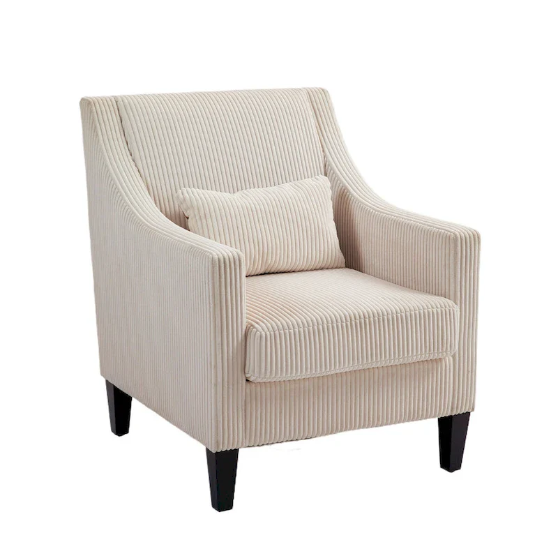 Beige Upholstered Accent Arm Chair with Scooped Arms and Rubber Wood Legs
