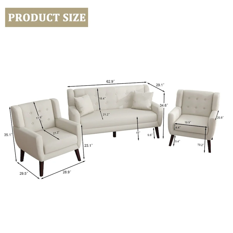 Tufted Linen/Cotton Loveseat with 2 Accent Chairs