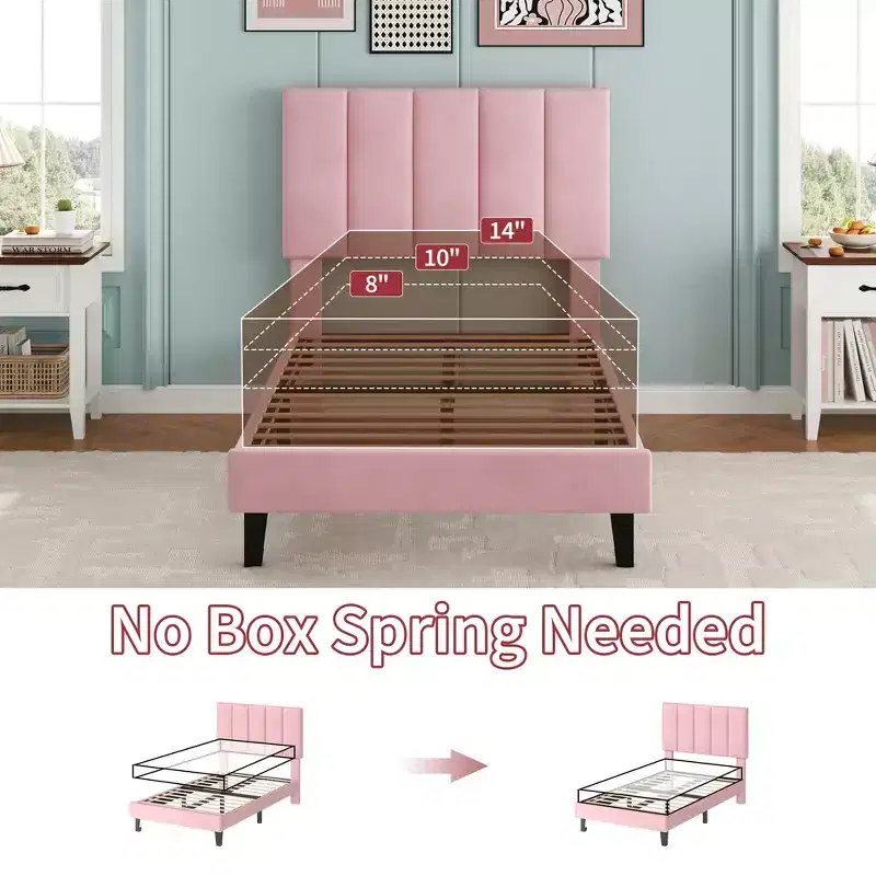 Velvet Upholstered Platform Bed Frame with Adjustable Vertical Channel Tufted Headboard, Easy Assembly, No Box Spring Required