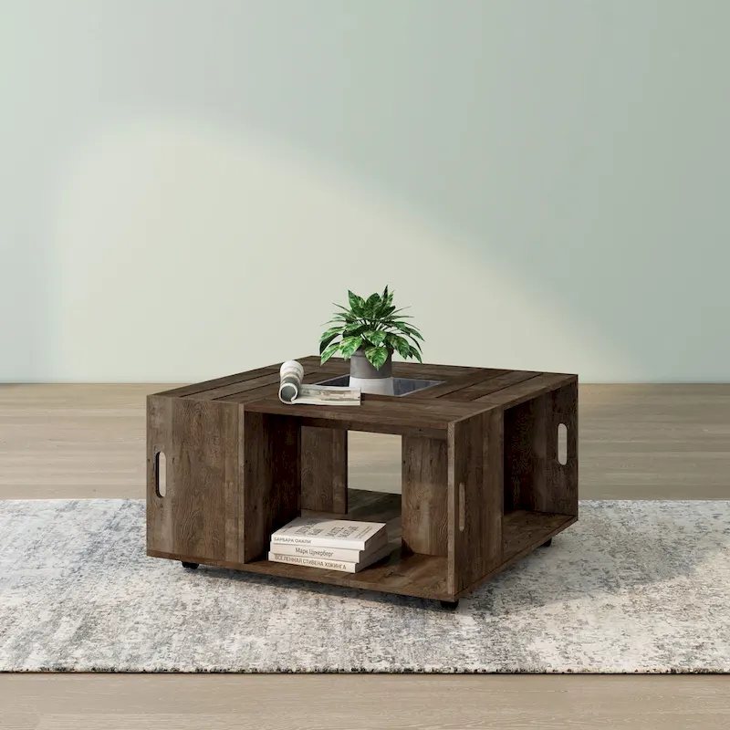DH BASIC Rustic Oak 32-inch Open Shelf Mobile Coffee Table by Denhour