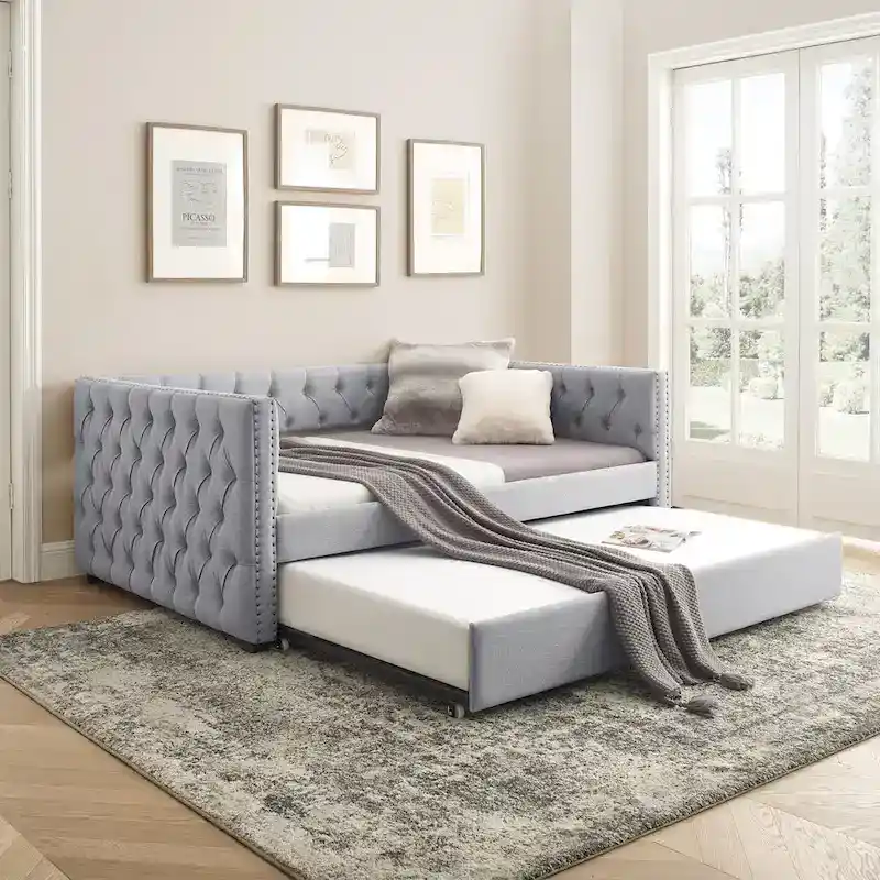 Full Size Upholstered Daybed Sofa Bed with Twin Size Trundle
