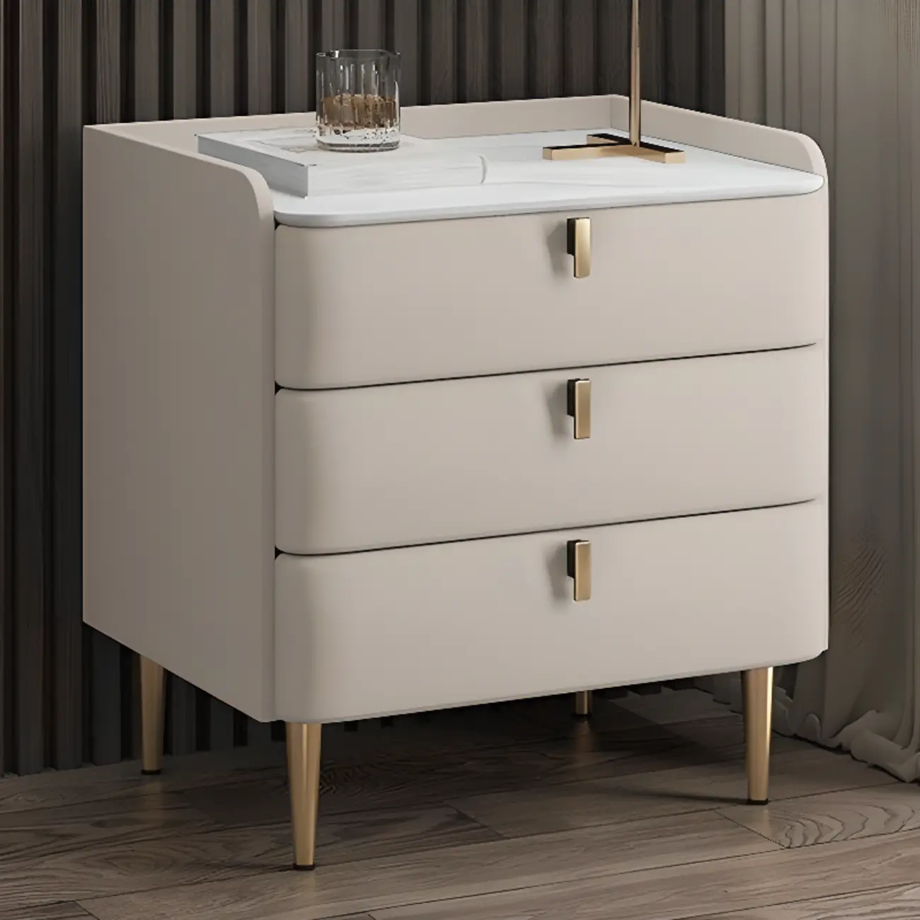Modern Leather Stone Top Gold Accents 3-Drawer Nightstand