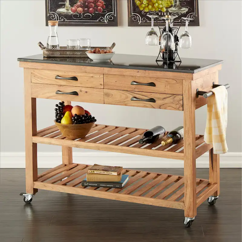 4-Drawer Rolling Kitchen Cart with Marble Top, Brown