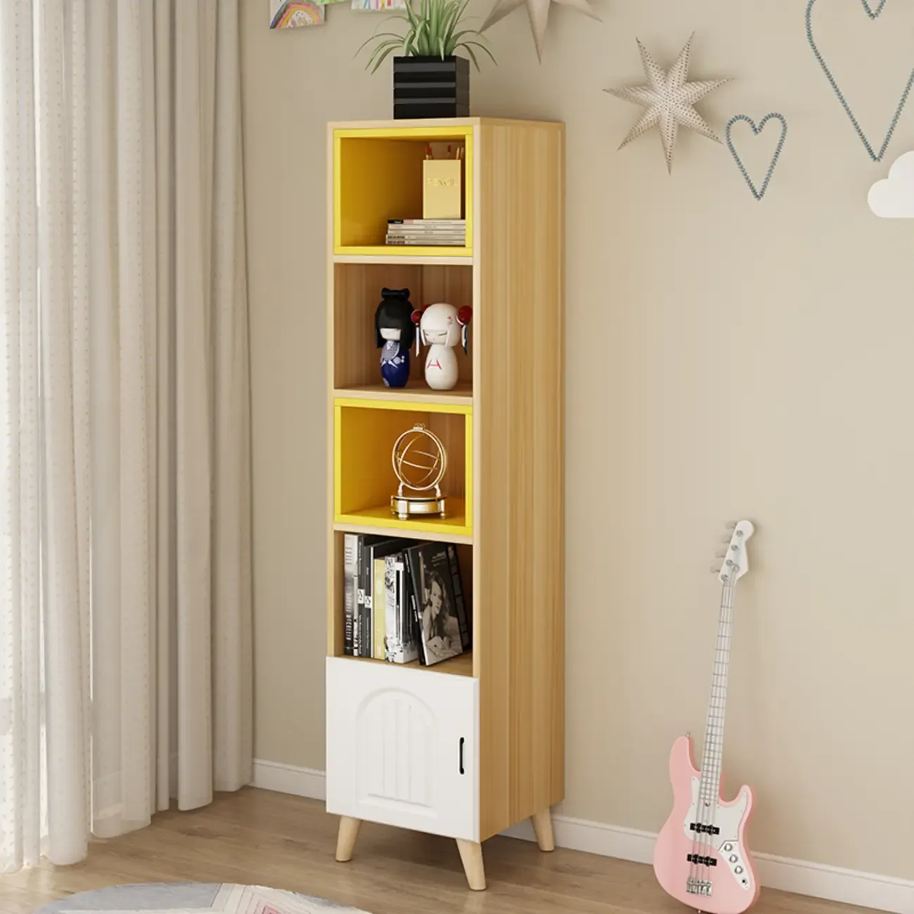 Wood 3-Tier White and Yellow Cube Bookcase with Cabinet