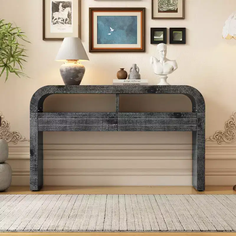 Clihome Console Table Entryway Table, Retro Curved Sofa Table with 2 Large Drawers, Narrow Console Table for Living Room Hallway Entrance