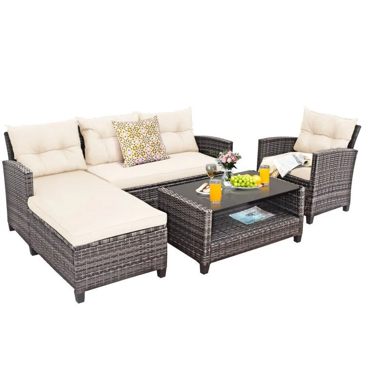4 Pieces Patio Rattan Furniture Set with Cushion and Table Shelf - 27.5 x 47 x 30 (L x W x H)