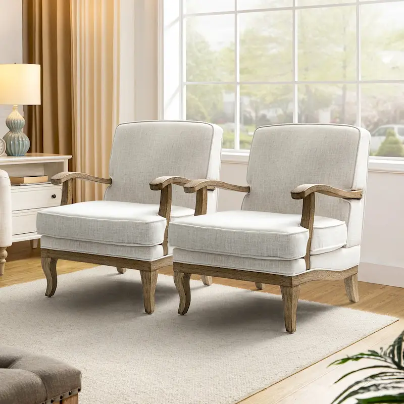 Ivory/Blue/Pewter/Linen/Grey Farmhouse Upholstered Armchair, Set of 2