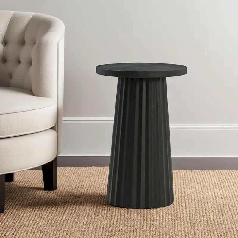 Accent Table, Round Fluted Classic Black Solid Wood Base, 14 Inch