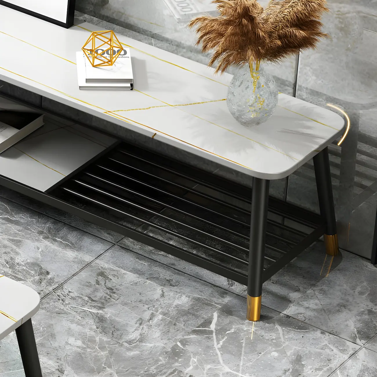 Modern White Stone TV Stand with Open Shelving