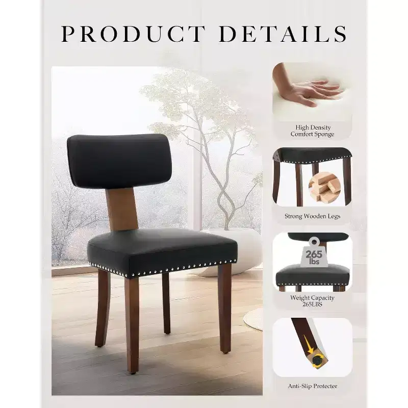 Modern Leather Dining Chairs Set of 2  Upholstered Curved Backrest, Hardwood Frame & Nailhead Trim, 265lb Capacity