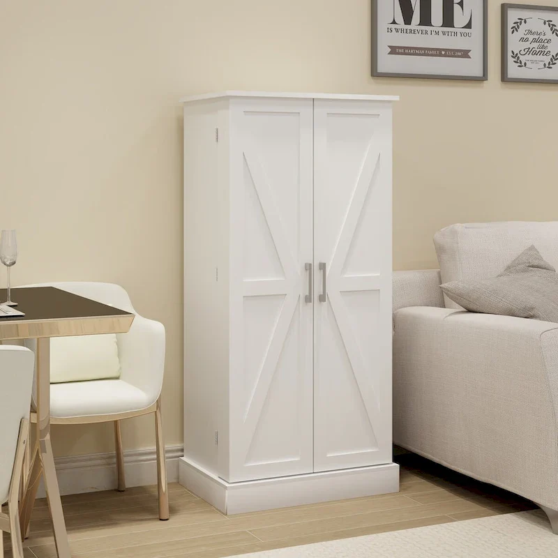 White Freestanding Kitchen Pantry Cabinet with LED Light, Single Door, 5-Tier