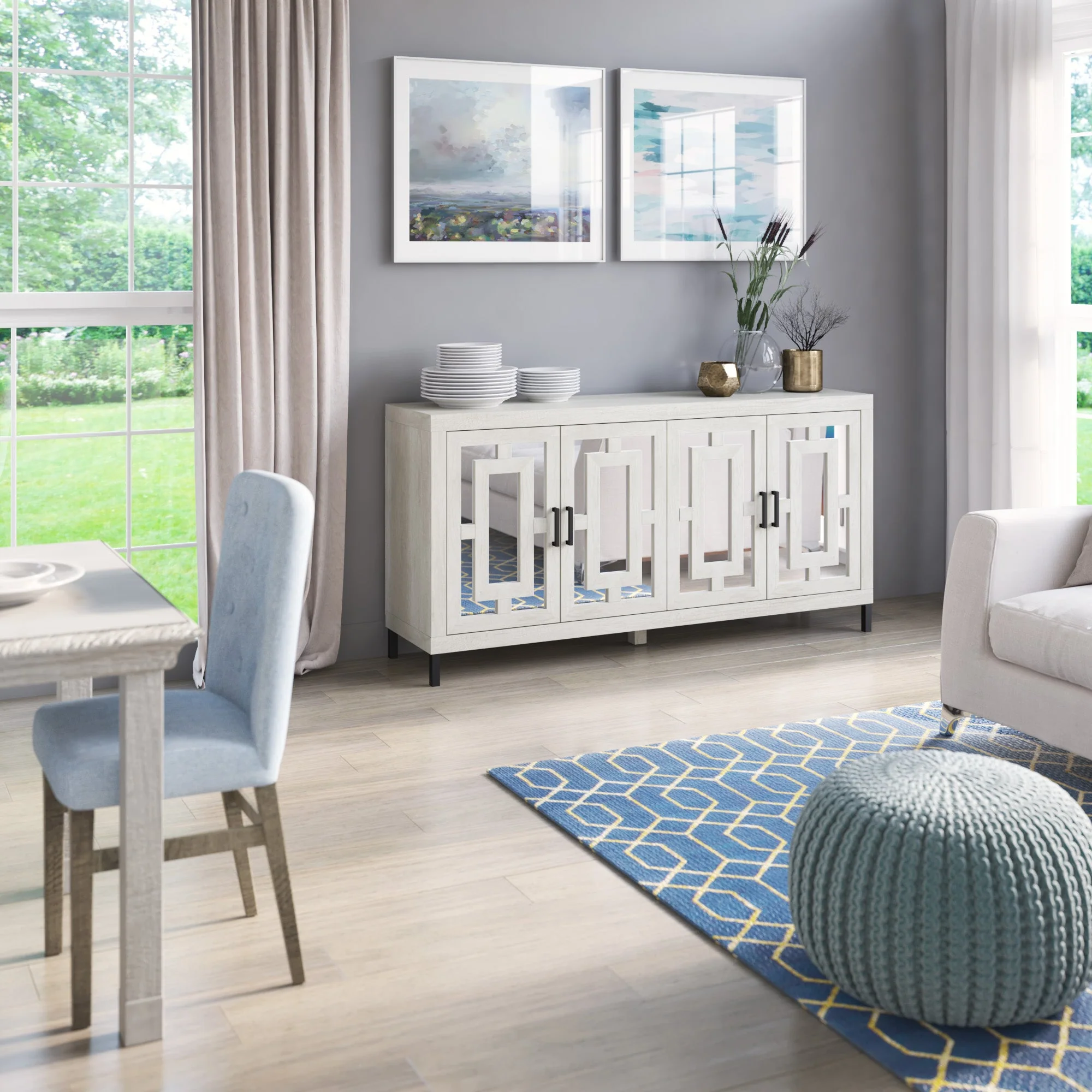 Geometric Mirrored Doors Buffet Sideboard