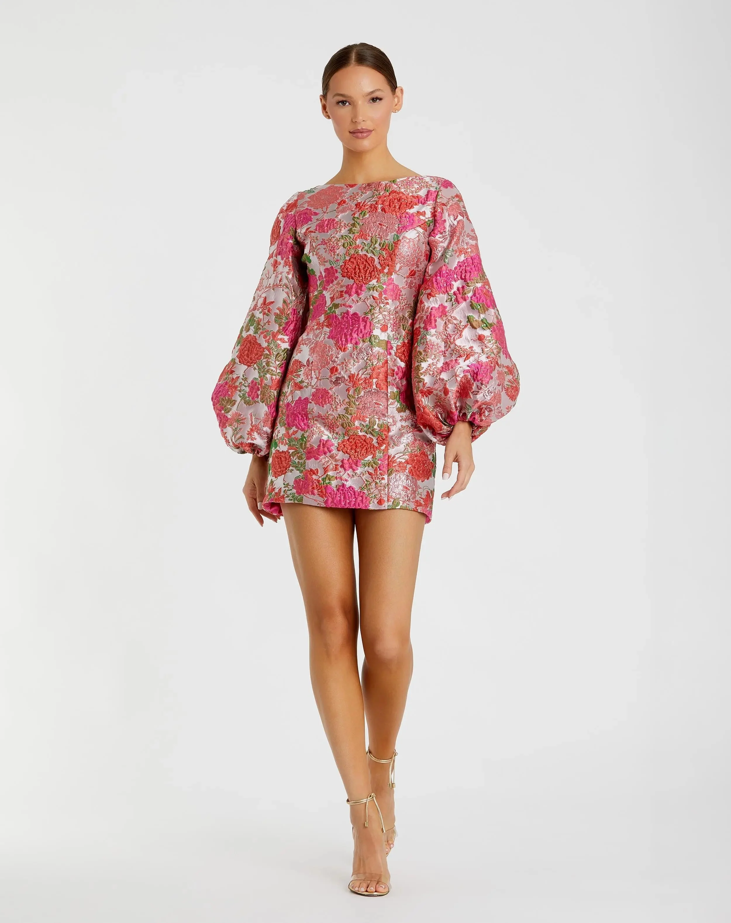 Pink Floral Brocade Balloon Sleeve Mini Dress