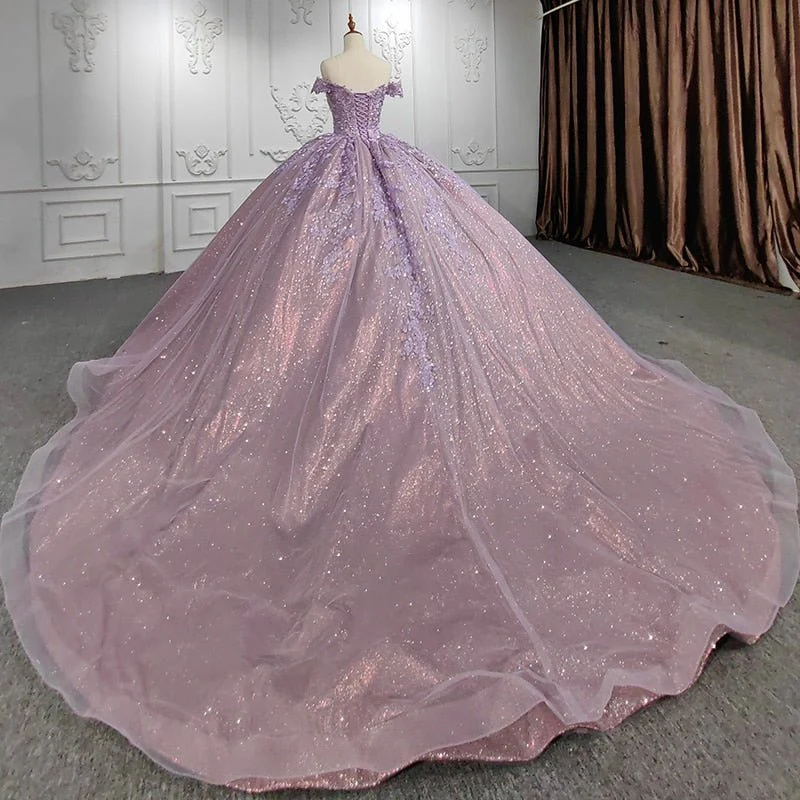 Purple Off-the-Shoulder Quinceanera Dresses with Flower