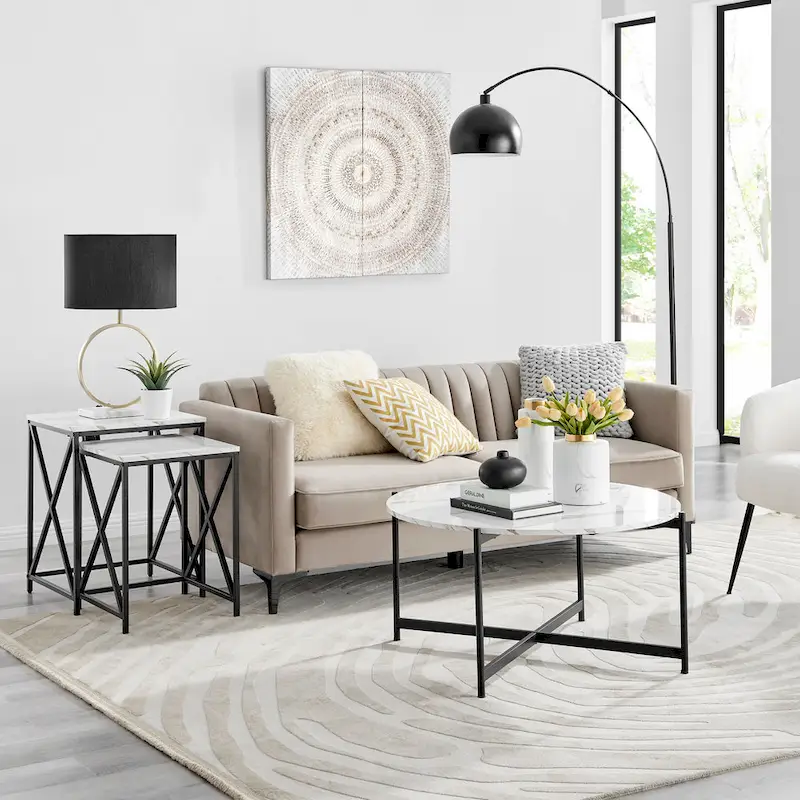 Modern Square Marble Finish Veneer Top Black Metal Frame Nesting End Tables - Set of 2