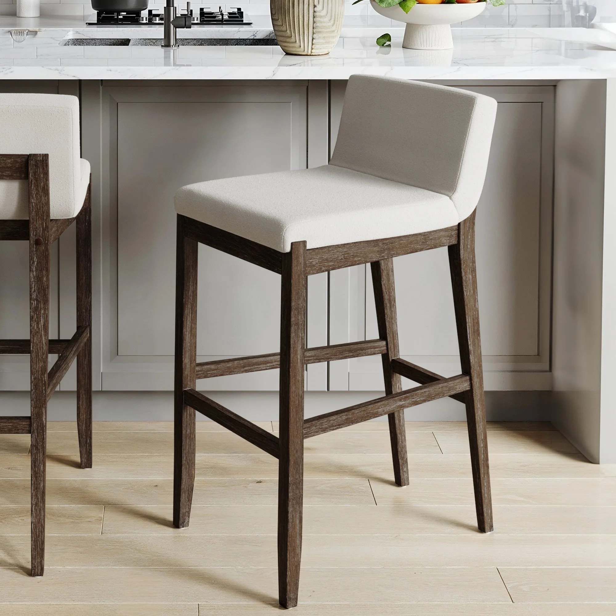 Gracie Modern Bar Stool, Boucle Upholstered Chair and Brushed Wooden Legs