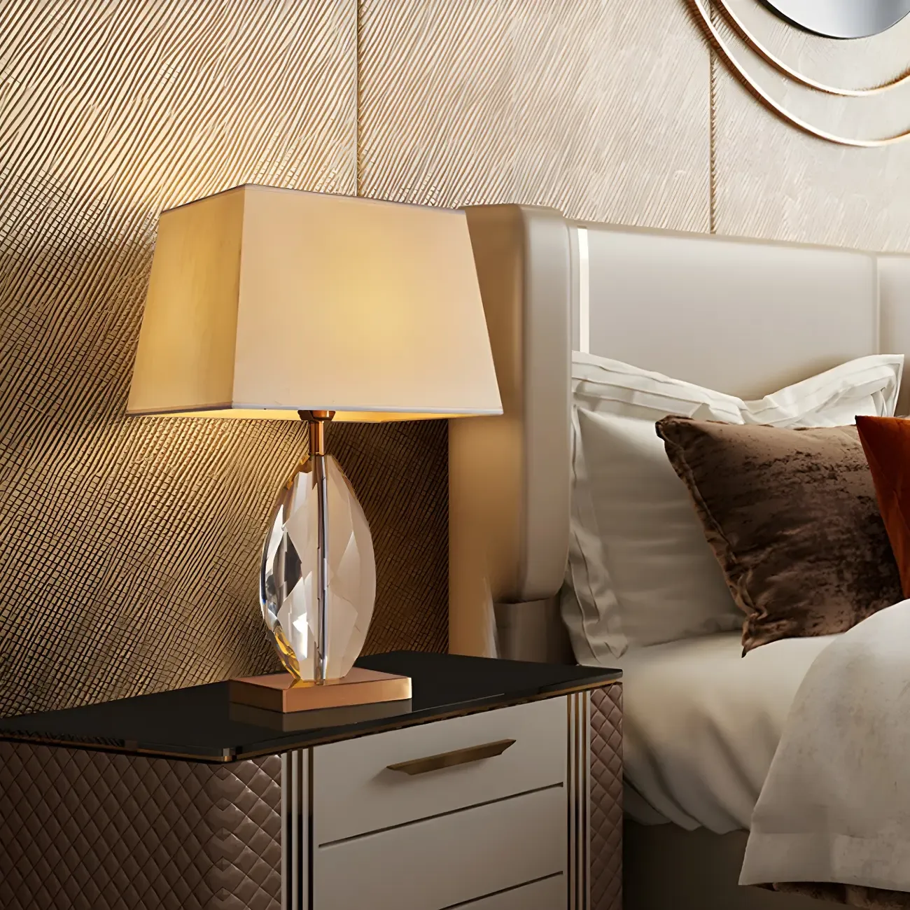 Luxury Crystal Bedside Lamp Beige Rectangle Shade