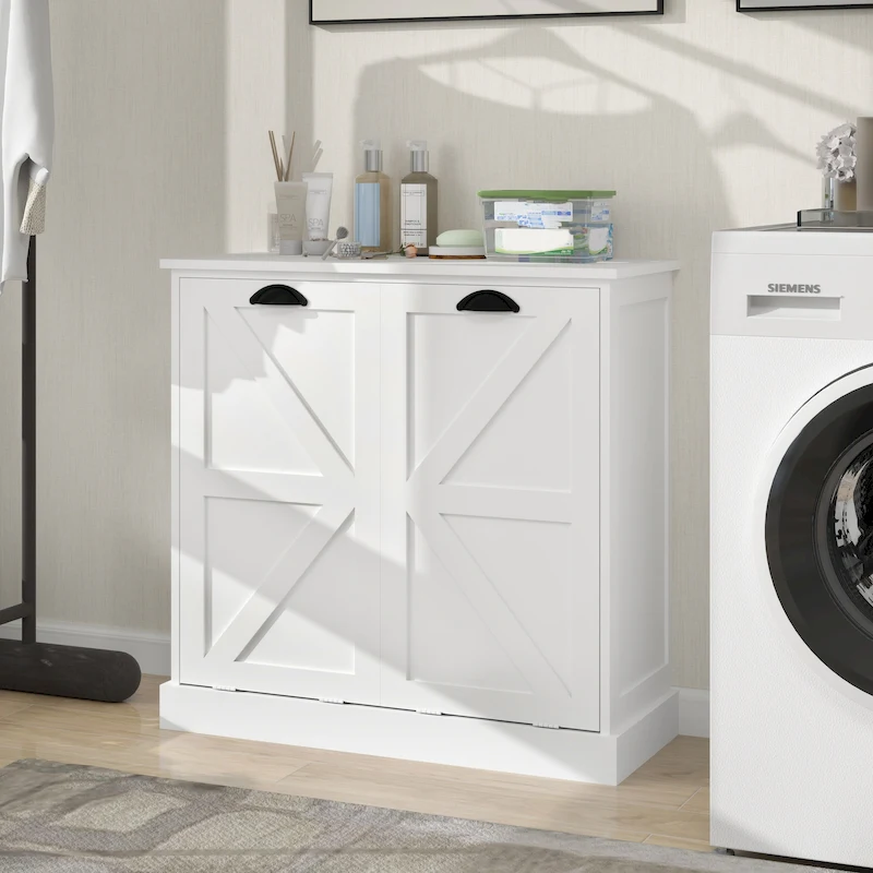 Modern Laundry Sorter Cabinet with Two Compartments and Removable Cloth Bags