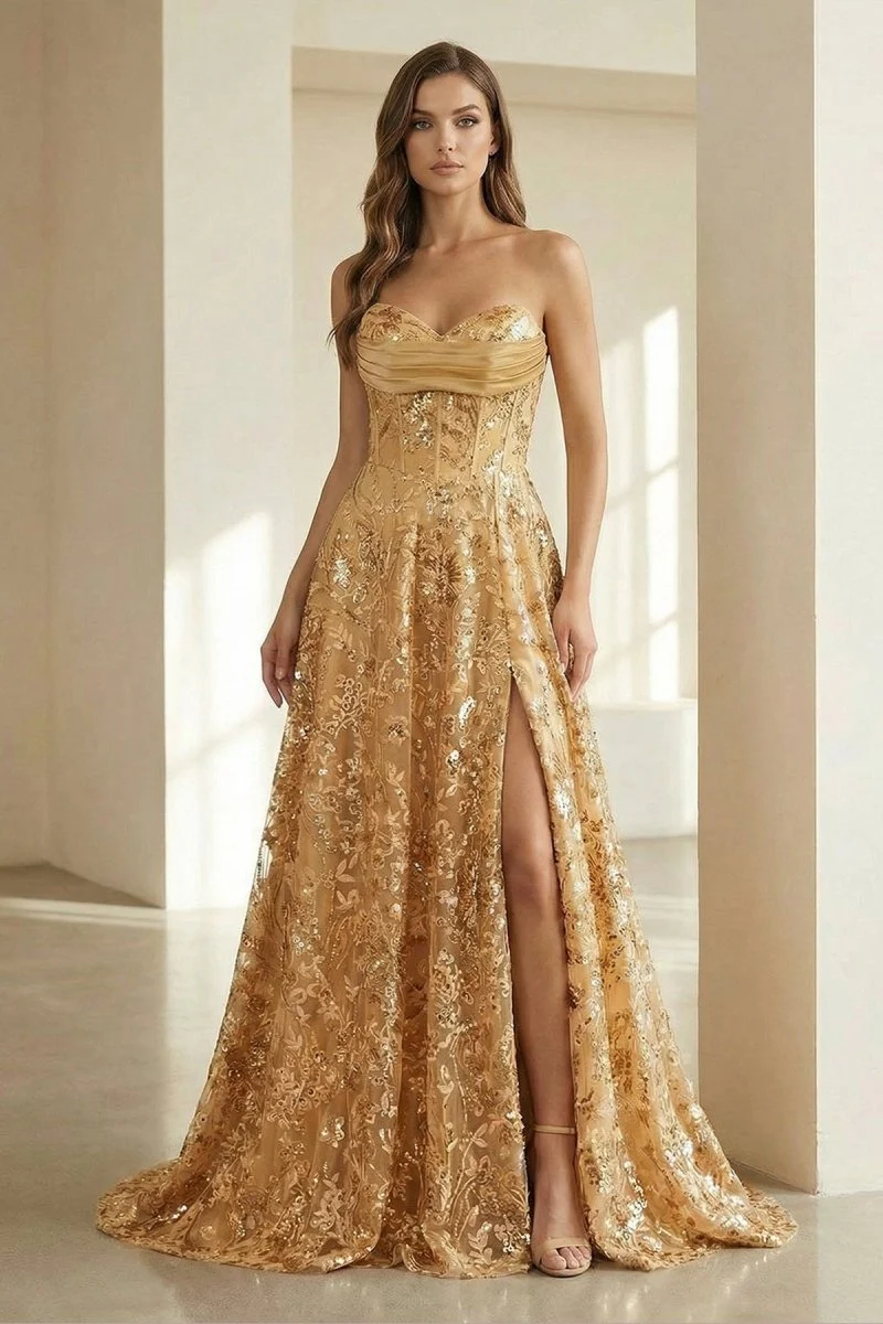 Gold Strapless A Line Sequined Lace Formal Prom Dresses With Slit