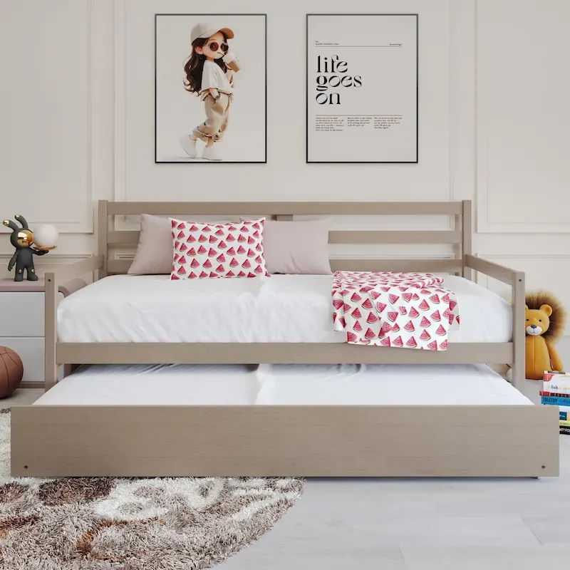 White/Walnut/Black/Light Oak/Antique Grey Railing-Style Twin Daybed with Trundle