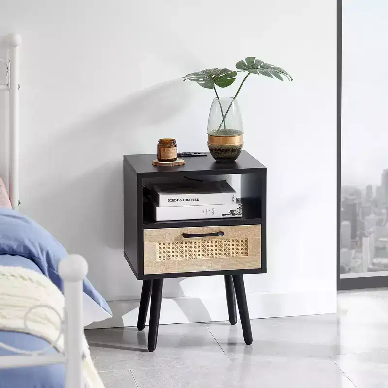 MAYEERTY Rattan End Table, Modern Nightstand with Drawer and Solid Wood Legs, Side Table for Living Room, Bedroom, Black