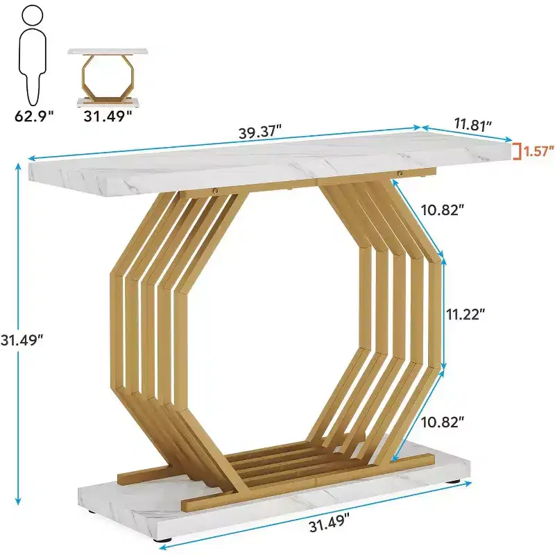 Lantine 40-Inch Gold Console Table, Faux Marble Entryway Narrow Sofa Table with Geometric Metal Base for Living Room, Hallway, Foyer, White & Gold