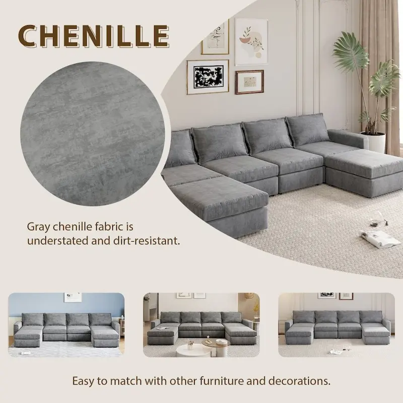 U Shaped Reversible Sectional Sofa with Ottoman