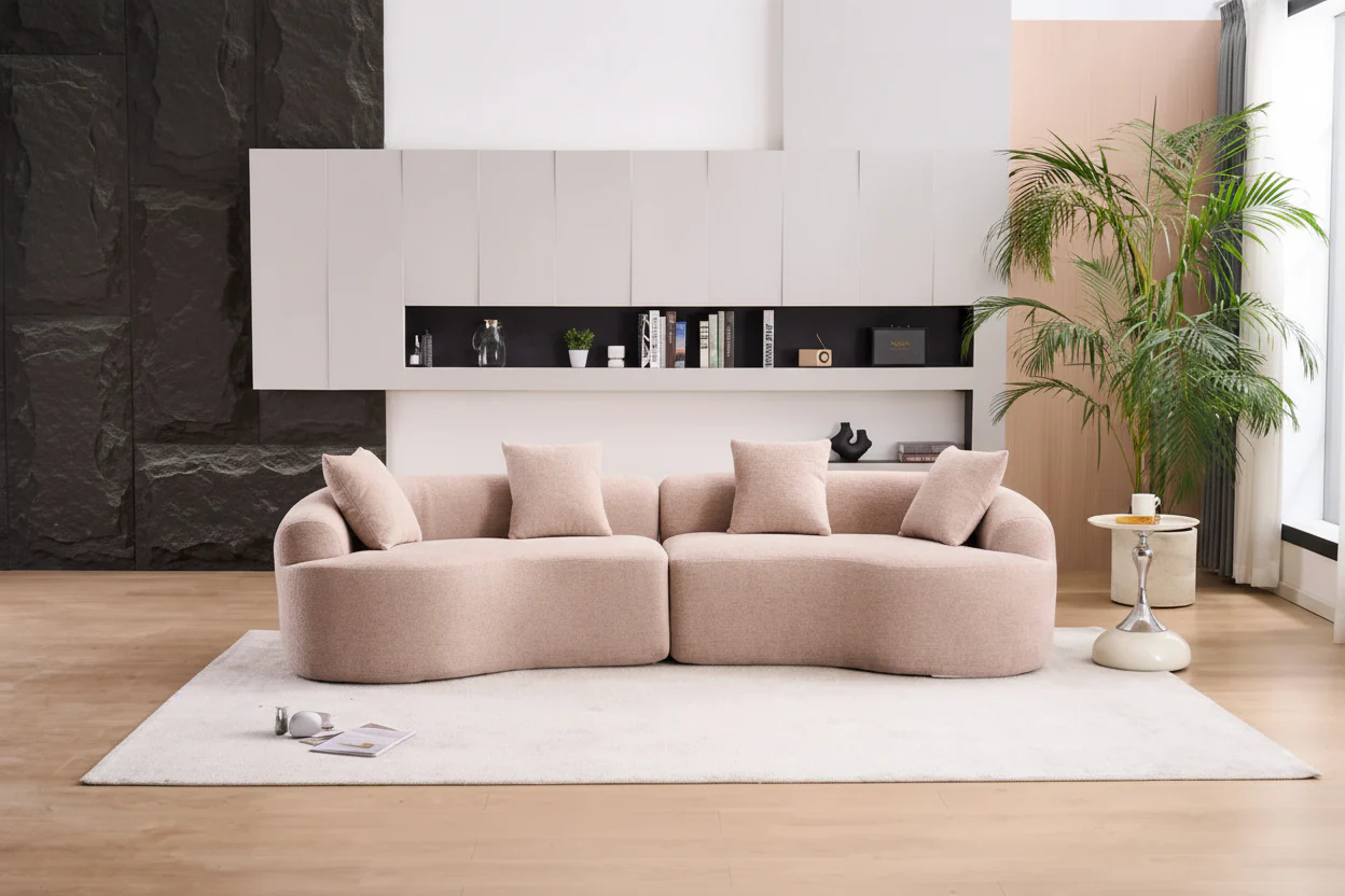 Grey / Blue / Beige / Brown / White / Green / Orange Curved Foam Sofa with Pillows – Seats 4
